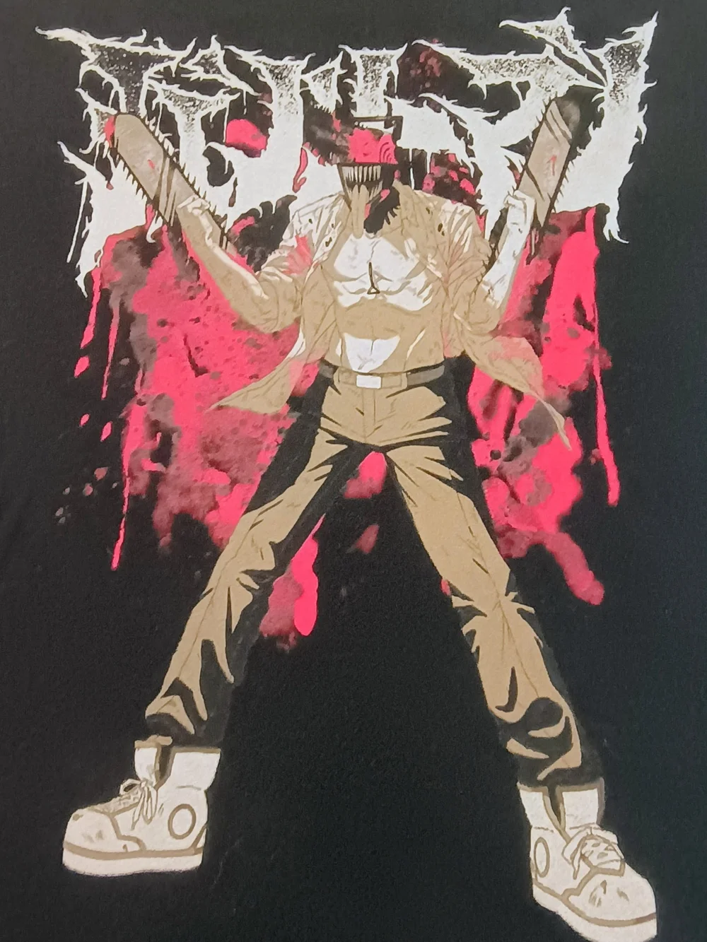 Chainsaw Man Anime -mens Black with Red & Tan Print - Picture 3 of 5